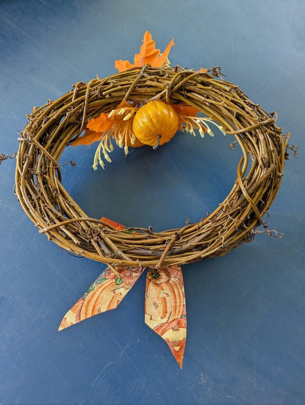 Grapevine Wreath Autumn Pumpkin Grapevine Wreath with Orange Bow 9.5 x 7
